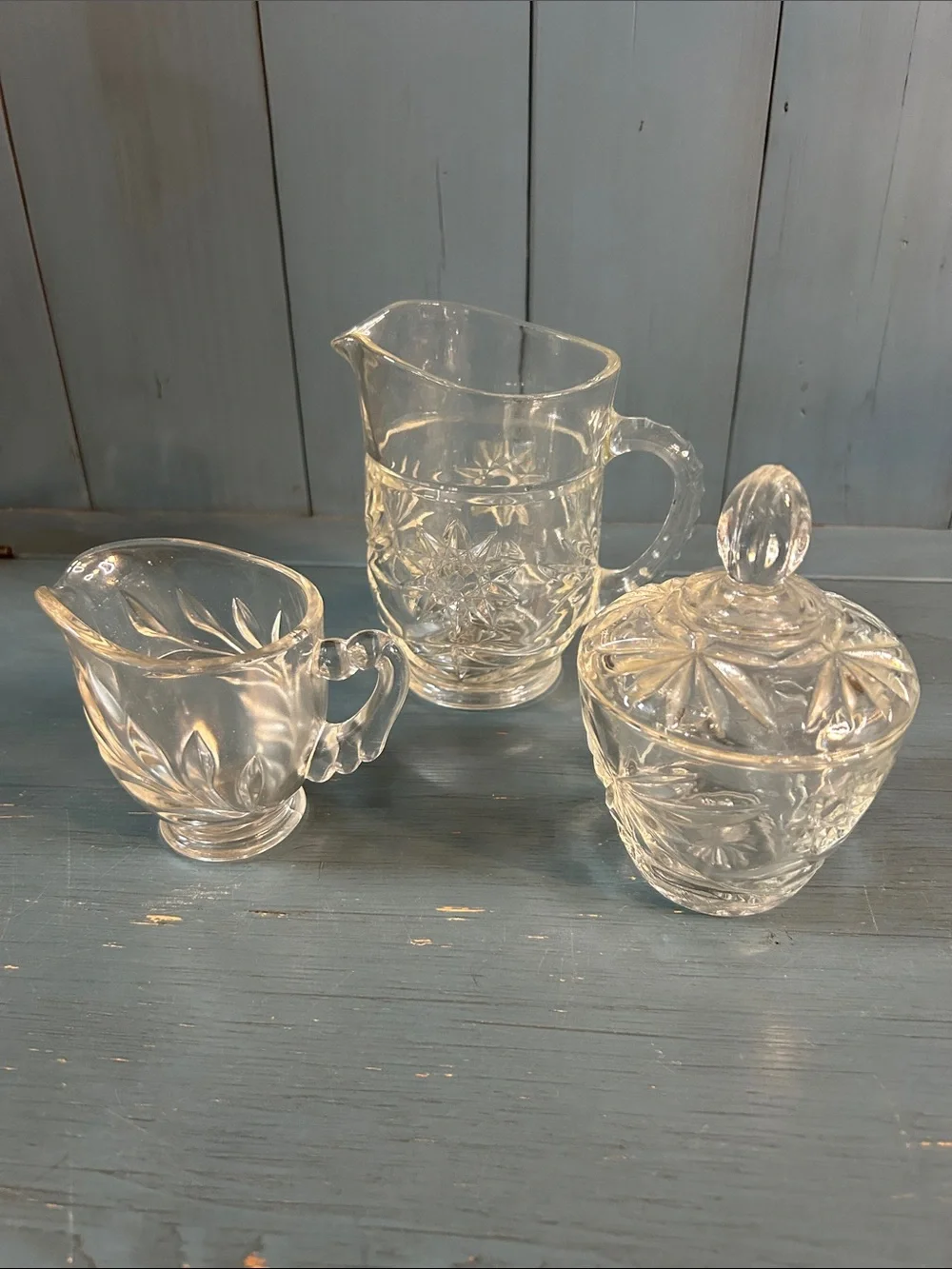 Clear Pressed Glass Pitcher, Sugar Bowl and Creamer Set - Elegant Cut Pattern